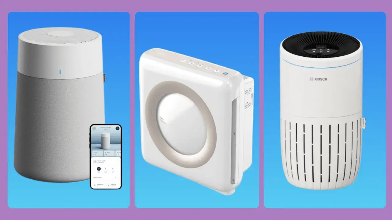 Tres purificadores de aire modernos, uno con app móvil, muestran cómo funciona un purificador de aire para un hogar saludable.