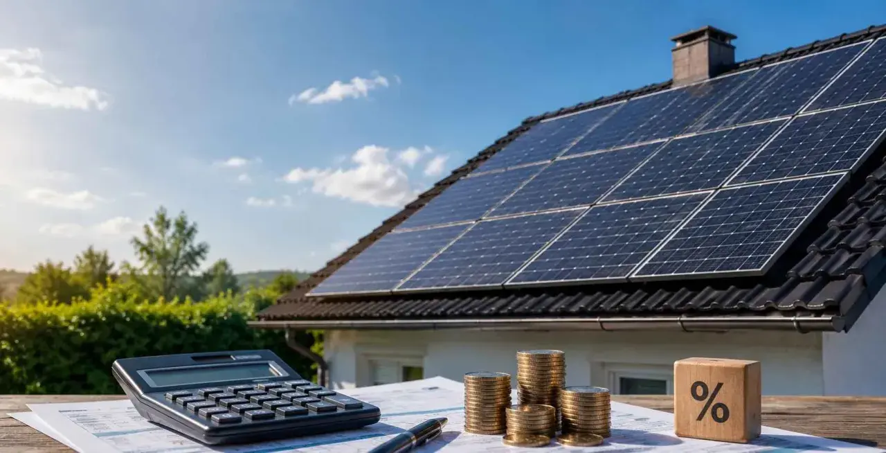 Calculadora, monedas y un dado con un signo de porcentaje junto a placas solares en un tejado. ¡Aprovecha el descuento IBI placas solares!