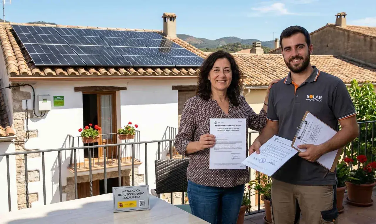 Mujer y hombre sonríen con documentos de legalización de placas solares. La instalación de autoconsumo está legalizada.