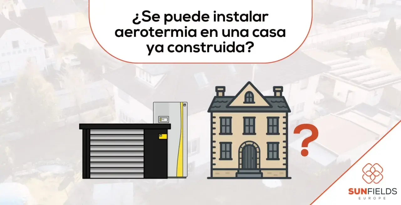 ¿Es posible la aerotermia sin obras en tu casa ya construida? Ilustración de una unidad exterior y una casa con un gran signo de interrogación.