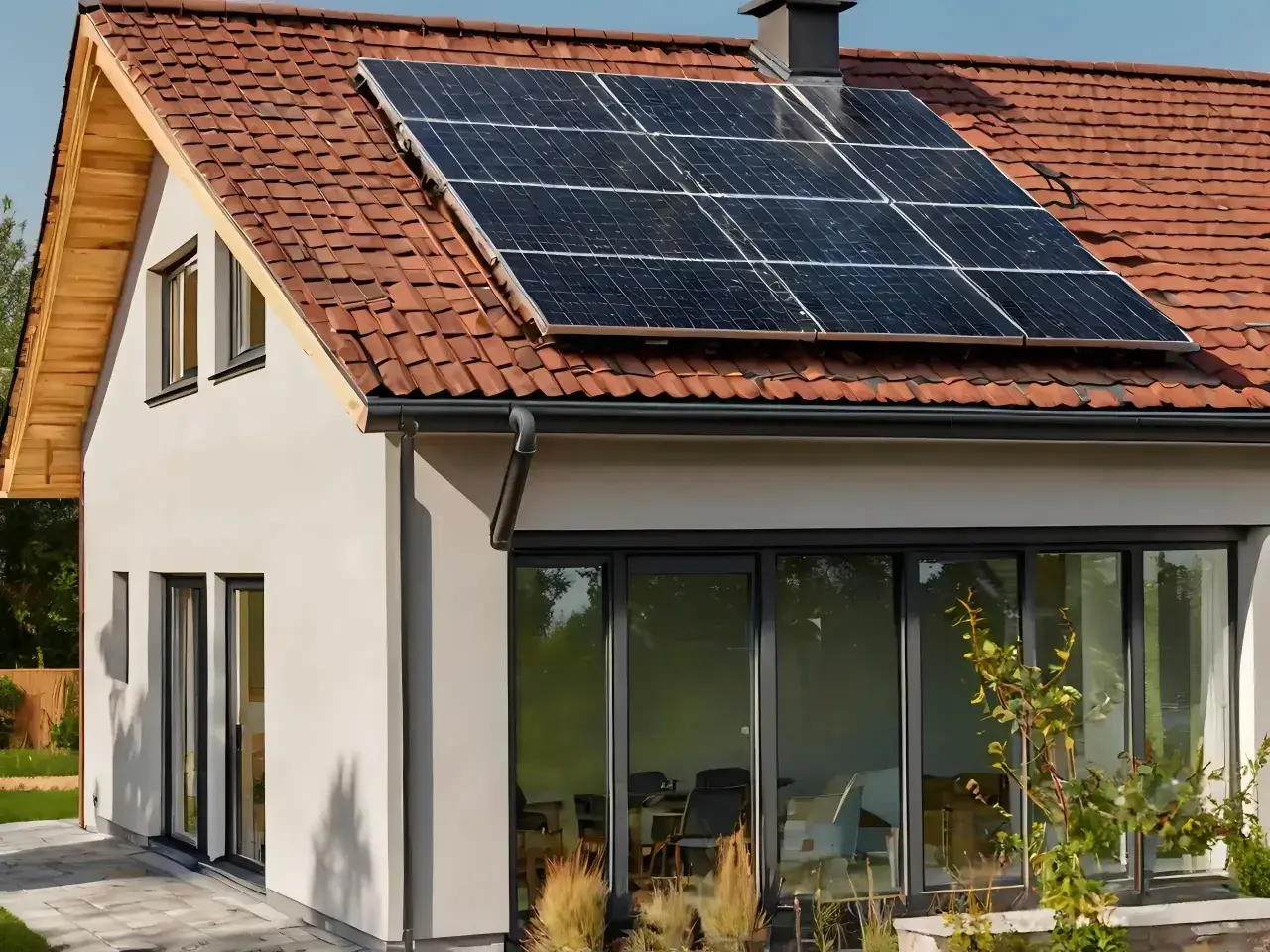 Casa moderna con paneles solares en el tejado. ¿Cuántas placas solares necesito para una casa de 200m2?
