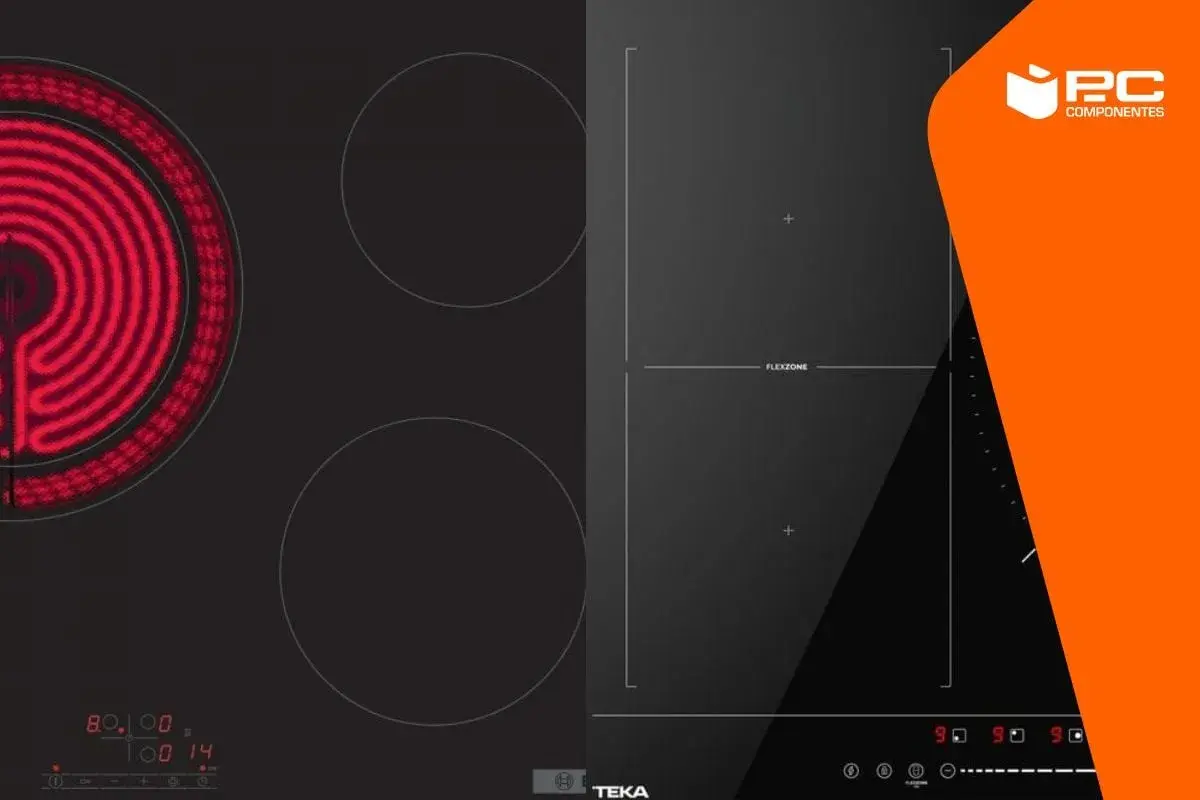 Placa vitrocerámica con espiral roja encendida vs. placa de inducción con zona flexible. La diferencia entre vitro e inducción es clara.