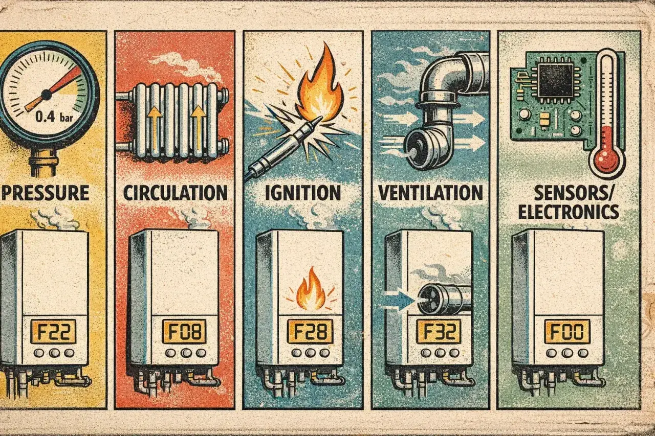 Ilustración de caldera con secciones: presión, circulación, ignición, ventilación y sensores/electrónica.