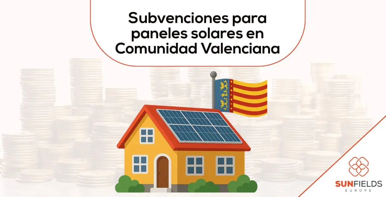 Casa con paneles solares y bandera de la Comunidad Valenciana, rodeada de pilas de monedas. ¡Infórmate sobre las ayudas autoconsumo comunidad valenciana!