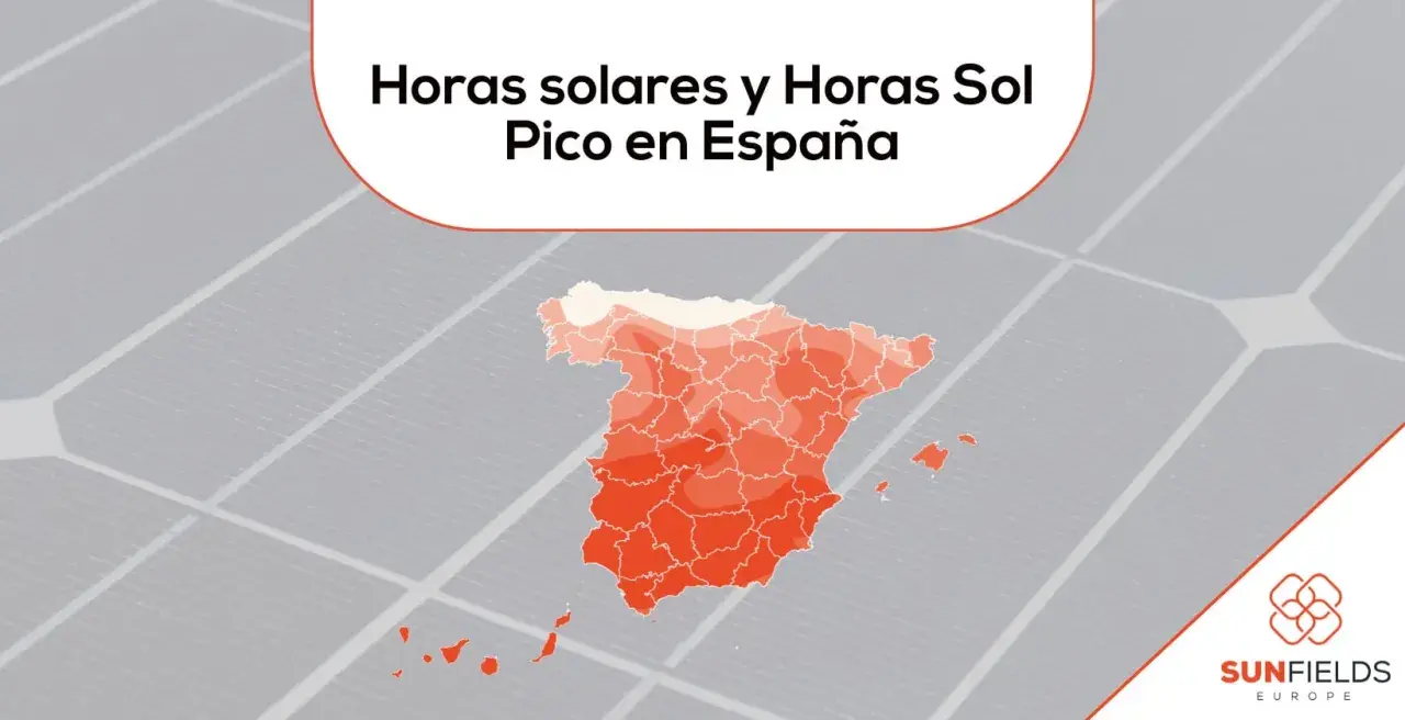 Mapa de España con zonas coloreadas que indican las horas solares pico. Las tablas de horas solares pico España muestran la radiación solar recibida.
