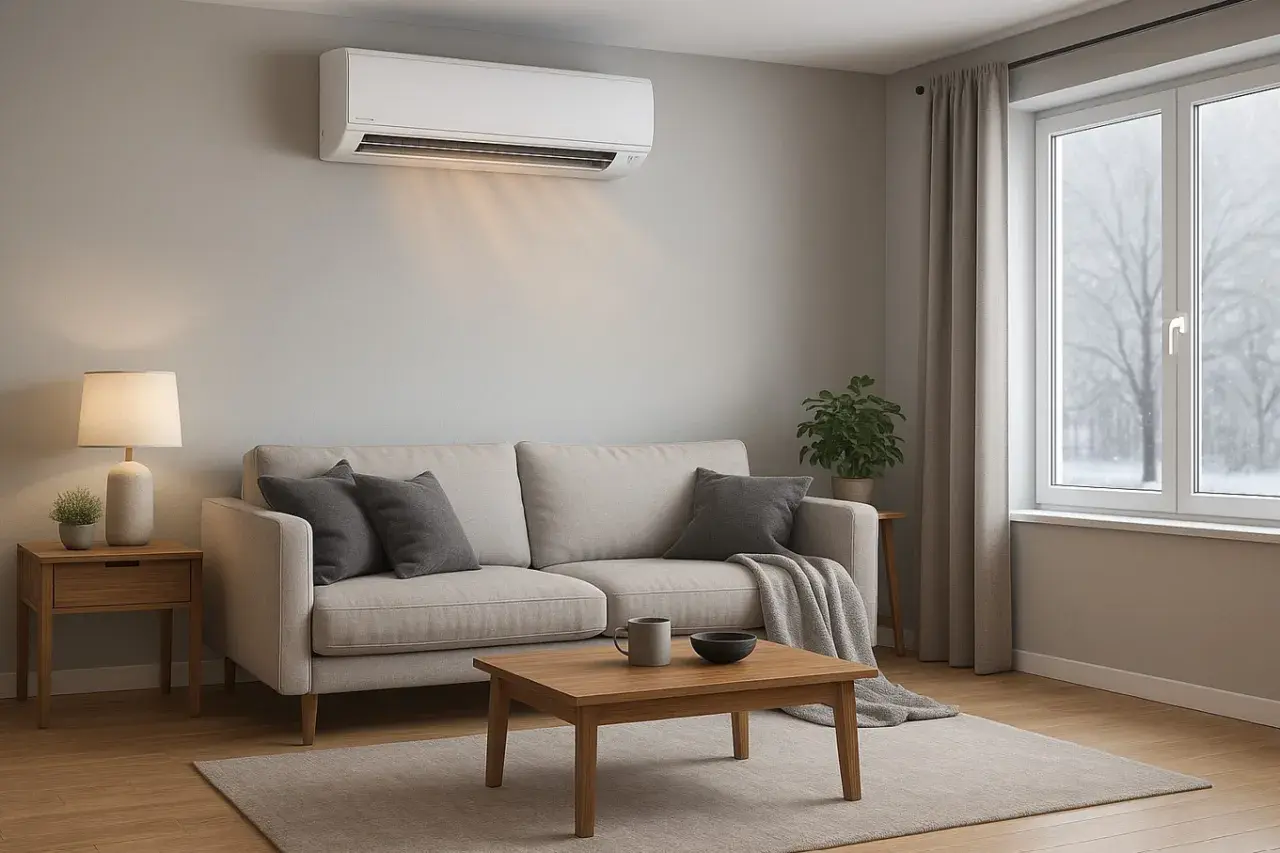 Aire acondicionado en salón moderno, ideal como mejor sistema climatización vivienda unifamiliar. Confort y diseño.