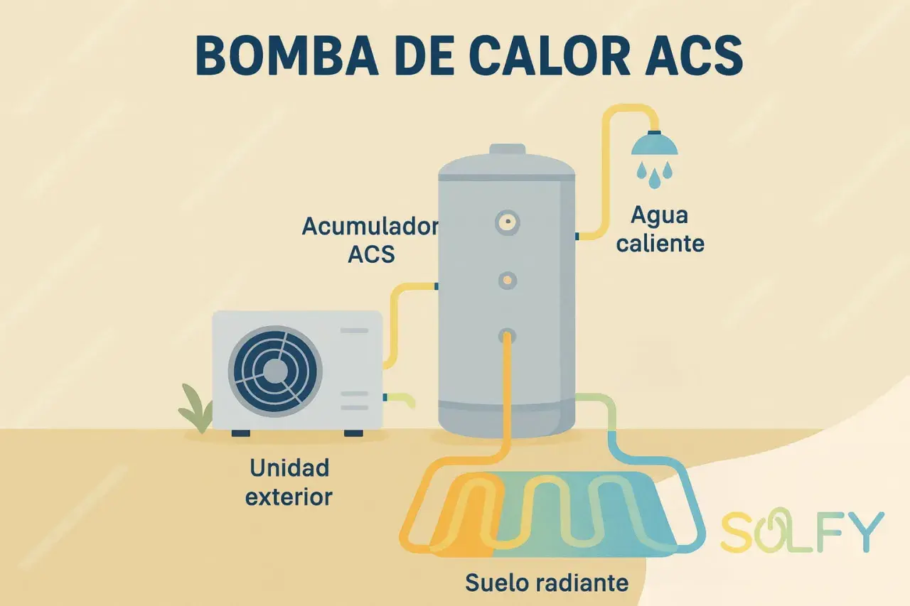 Diagrama de una bomba de calor ACS: unidad exterior, acumulador, agua caliente para ducha y suelo radiante. Bajo consumo energético.