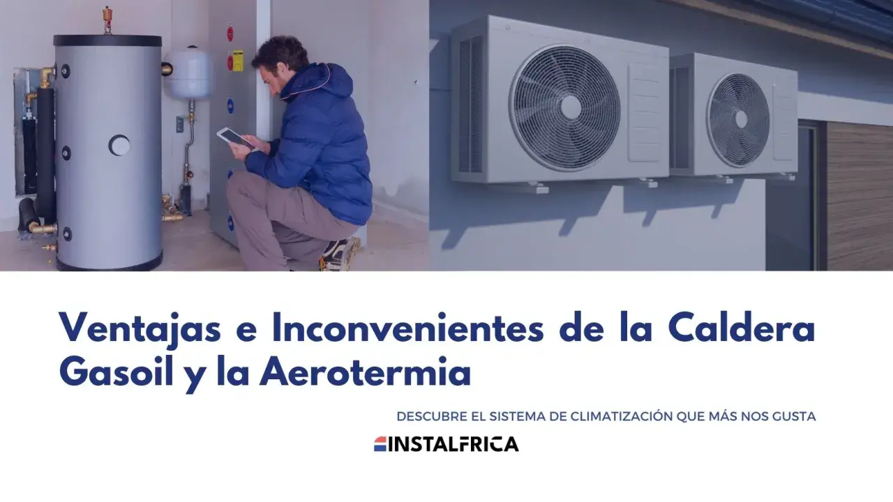 Hombre revisando tablet junto a caldera de gasoil, comparando con unidades exteriores de aerotermia. Considera cambiar caldera de gasoil.