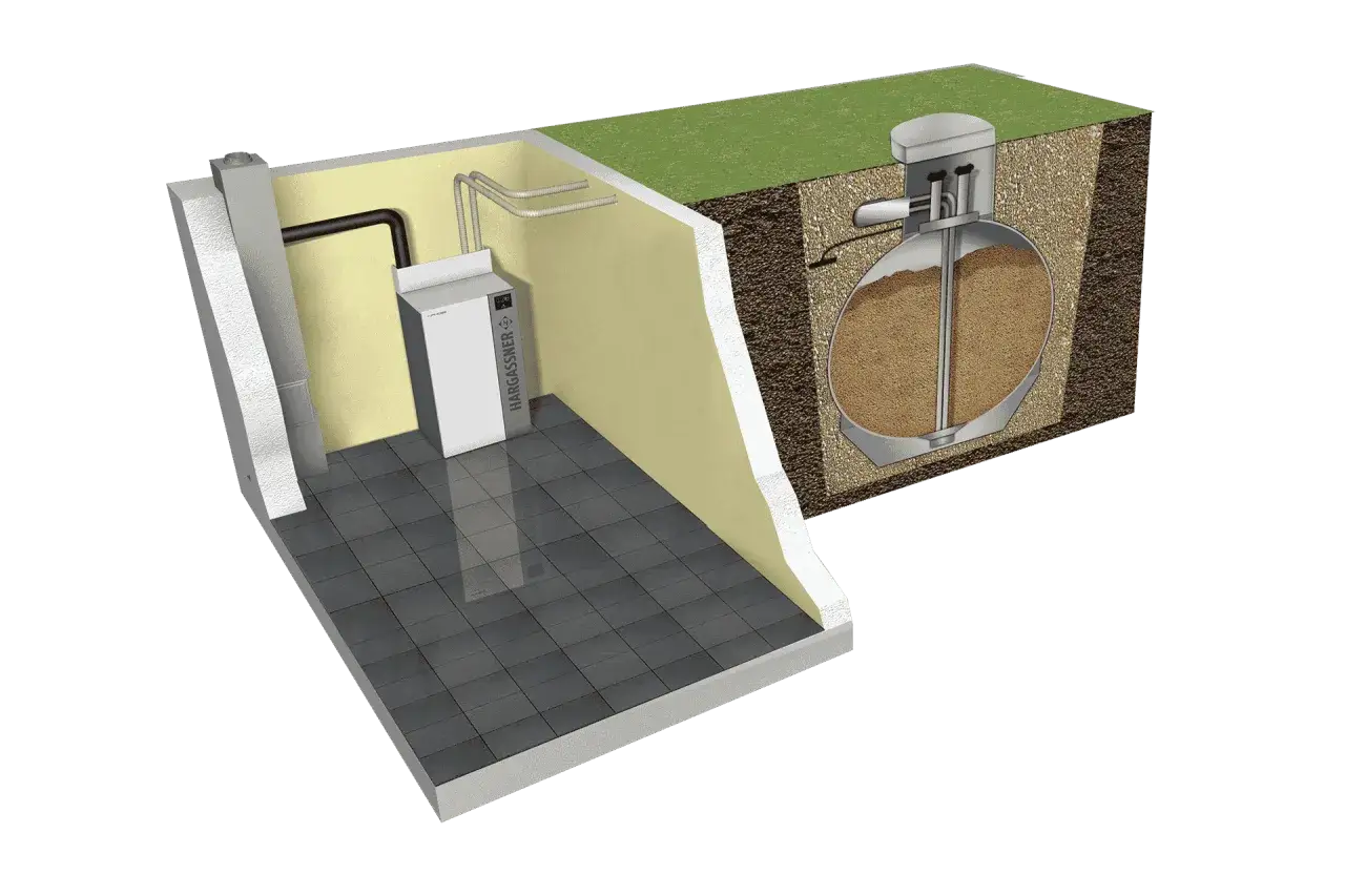 Caldera de pellets Hargassner con depósito subterráneo. Merece la pena cambiar gasoil por pellets para un futuro más sostenible.