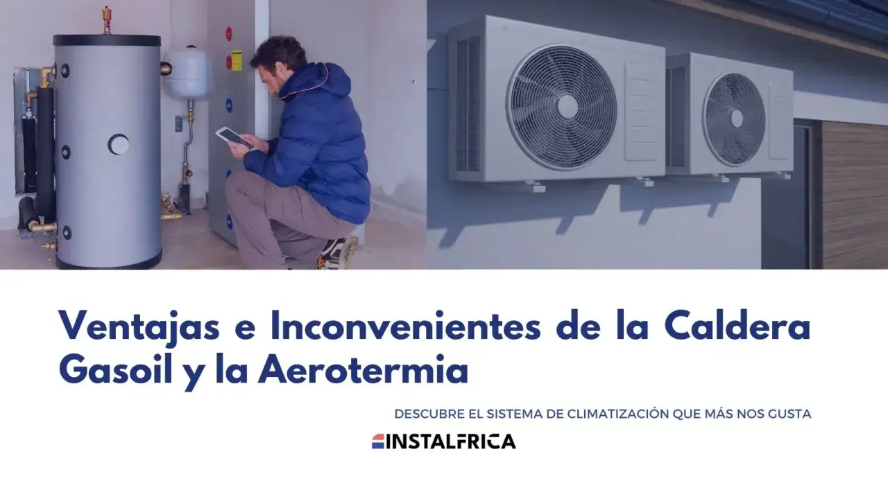 Hombre revisa tablet junto a caldera de gasoil. A la derecha, unidades exteriores de aerotermia. Considera cambiar caldera de gasoil por aerotermia.