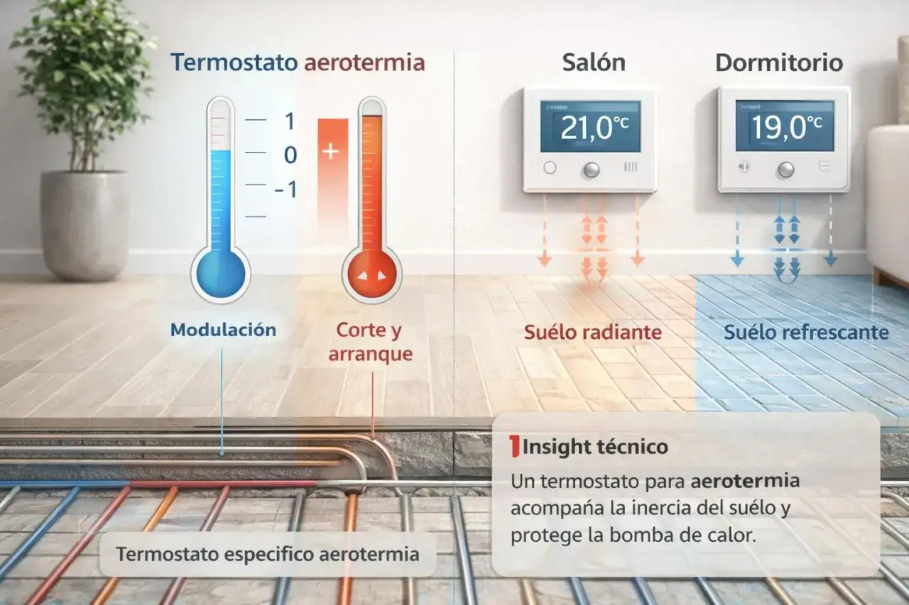 Termostato aerotermia muestra la temperatura ideal en invierno. El suelo radiante calienta el salón, mientras el suelo refrescante enfría el dormitorio.