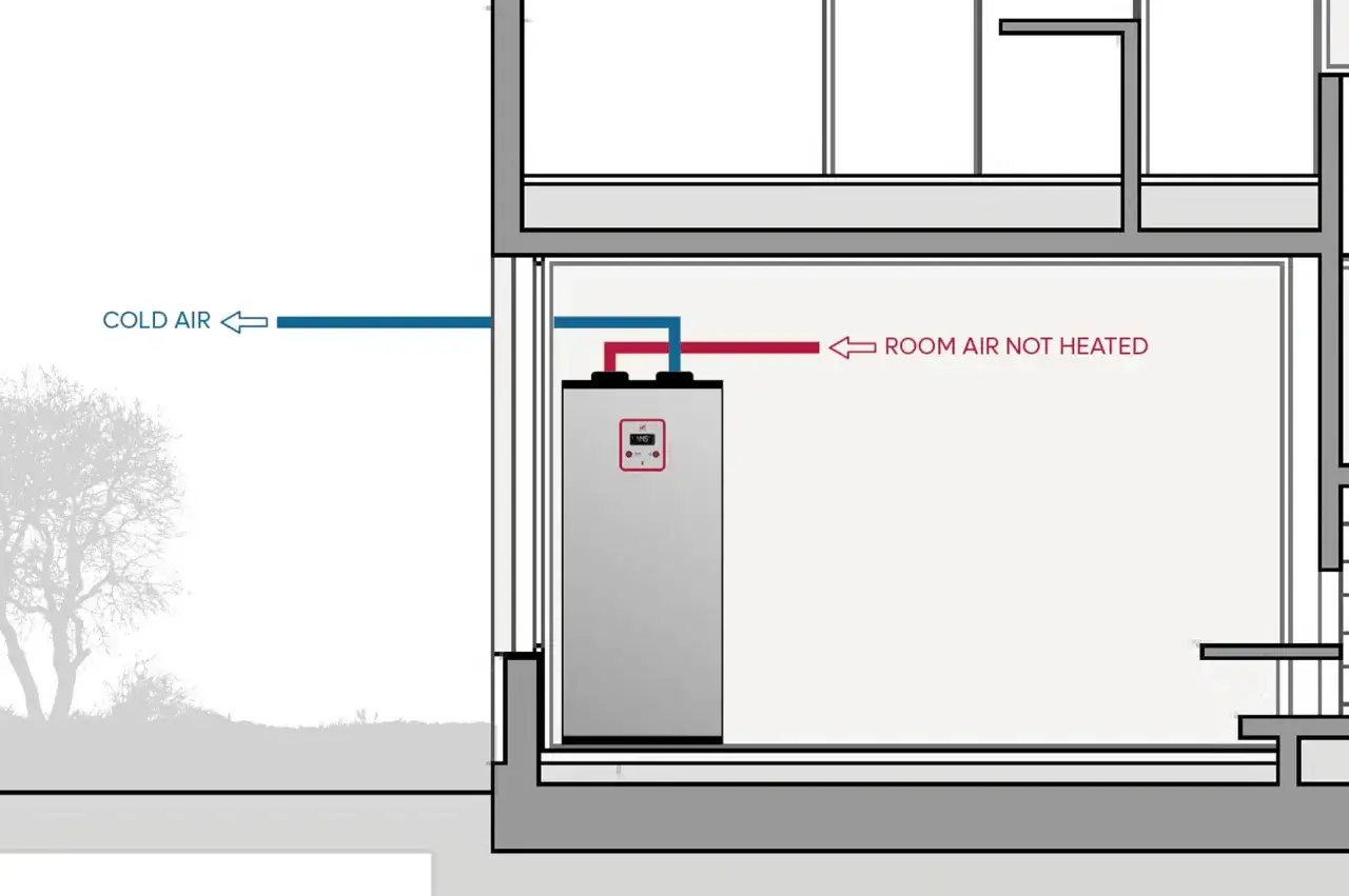 Diagrama de una maquina aerotermia que extrae aire frío del exterior y devuelve aire no calentado a la habitación.
