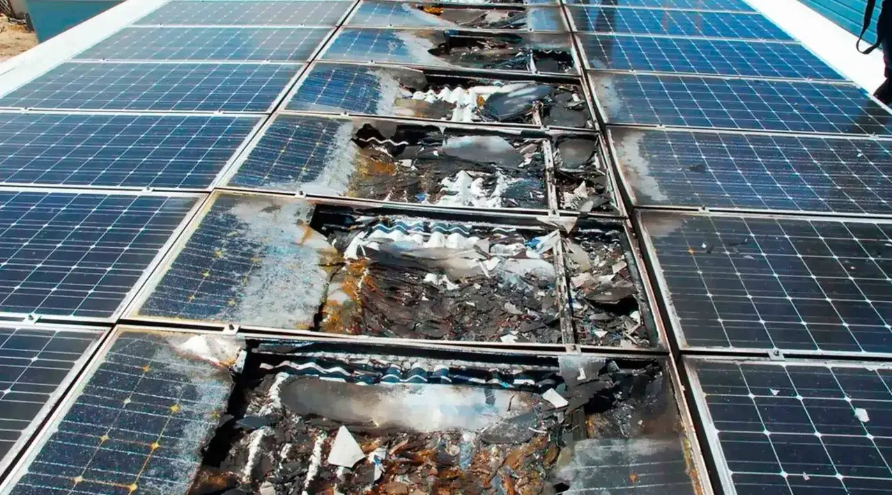 Da&ntilde;os severos en placas solares tras un incendio. Se observan paneles rotos y quemados, con restos de material calcinado.