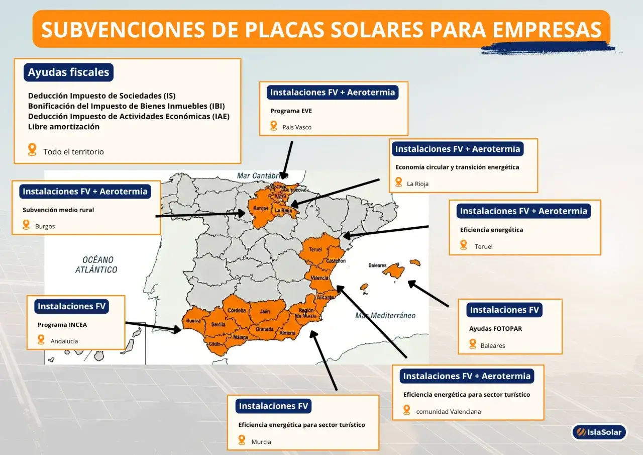 Mapa de subvenciones para instalaciones fotovoltaicas y aerotermia en Espa&ntilde;a. Incluye ayudas fiscales y programas por comunidad aut&oacute;noma, como la memoria t&eacute;cnica de instalaci&oacute;n fotovoltaica.