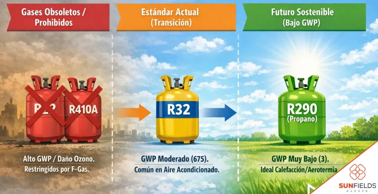 Evolución de gases refrigerantes: de R410A a R32, gas aire acondicionado, y el futuro R290.