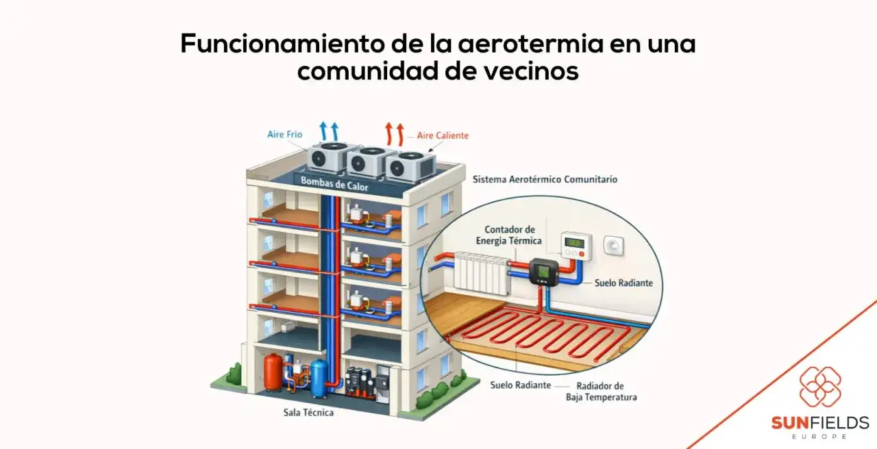 Diagrama ilustra el funcionamiento de la aerotermia en comunidades de vecinos, mostrando bombas de calor, suelo radiante y contador de energ&iacute;a t&eacute;rmica.