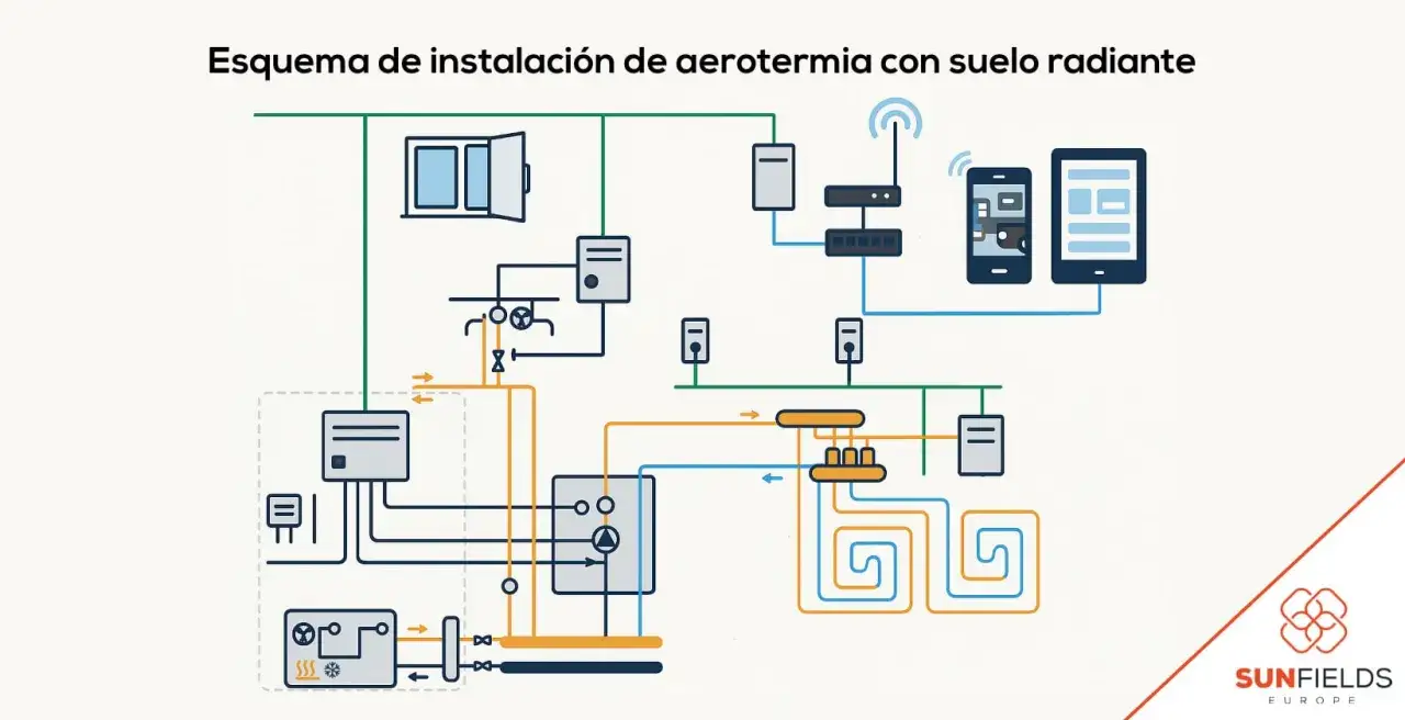 Diagrama de aerotermia con suelo radiante, mostrando componentes y conexiones. Ideal para quienes buscan subvenciones suelo radiante.