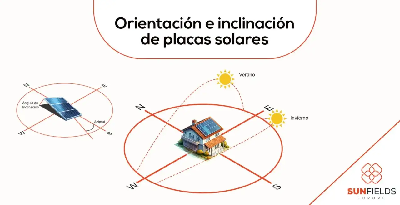Diagrama ilustra la orientación e inclinación de placas solares para maximizar la eficiencia. Muestra el sol en verano e invierno y cómo afecta la captación de energía.