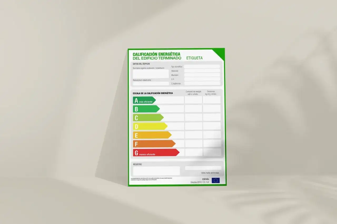 Etiqueta de calificación energética de un edificio. Indica que se puede firmar sin certificado energético, mostrando la escala de eficiencia de A a G.