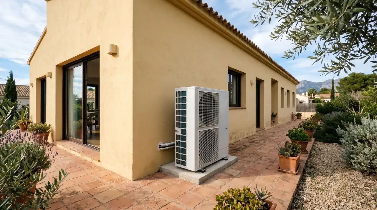 Unidad exterior de aerotermia que es, instalada junto a una casa amarilla con patio de baldosas y jardín.