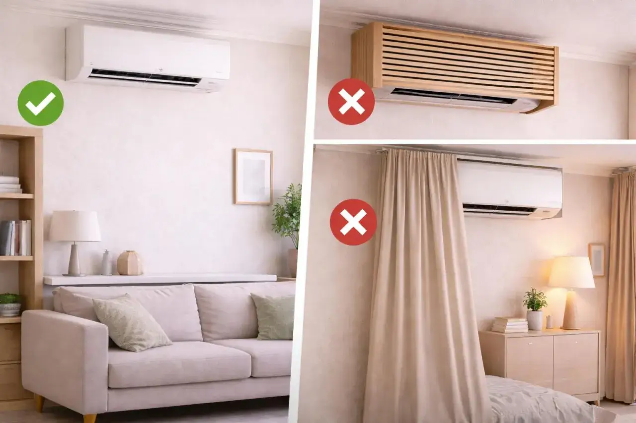 Instalación correcta de un split aire acondicionado, sin obstrucciones. Evita cubrirlo con muebles o cortinas.
