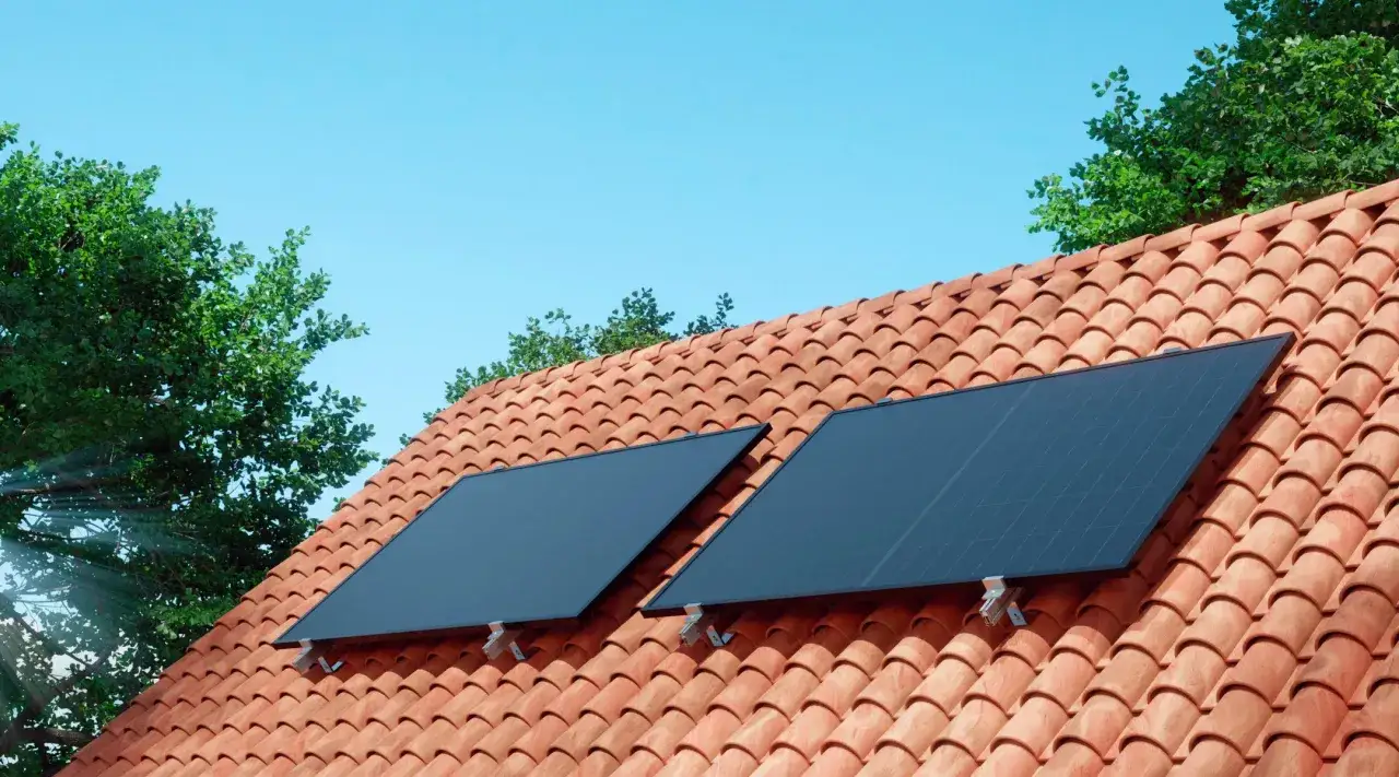 Dos paneles solares instalados en un tejado de tejas rojas, rodeados de árboles verdes bajo un cielo azul.