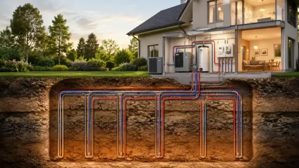 Sistema de calefacción geotérmica en una casa, con tuberías bajo tierra. Ideal para aprovechar subvenciones geotermia.
