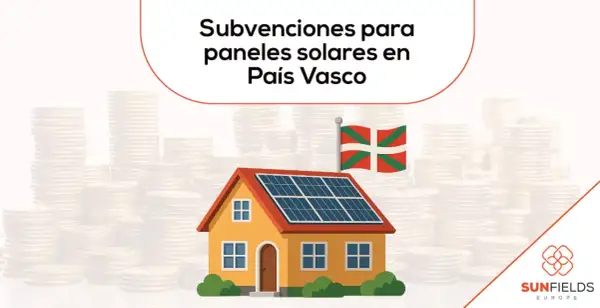 Casa con paneles solares y bandera vasca, simbolizando subvenciones para placas solares en Euskadi. Montañas de monedas al fondo.