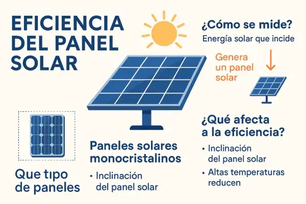 Ilustración sobre la eficiencia de un panel solar, mostrando cómo se mide y qué factores la afectan, como la inclinación y la temperatura.