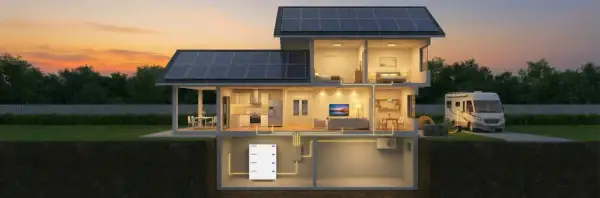 Casa con paneles solares y sistema de almacenamiento de energía. Explora las ventajas y desventajas de esta tecnología.