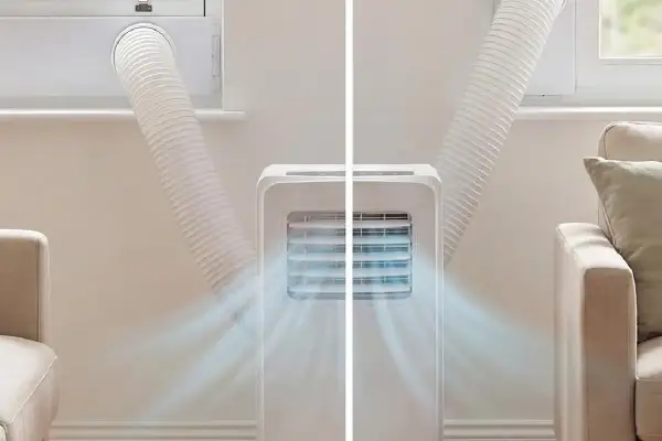 Aire acondicionado portátil expulsando aire fresco. Su diseño compacto y potente lo hace ideal para cualquier habitación.