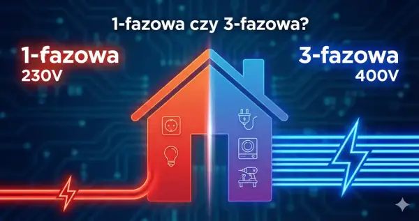 Ilustración de una casa dividida: izquierda 1-fase 230V (enchufe, bombilla), derecha 3-fases 400V (enchufe, lavadora, taladro). Guía para saber como se instala una bomba de calor.