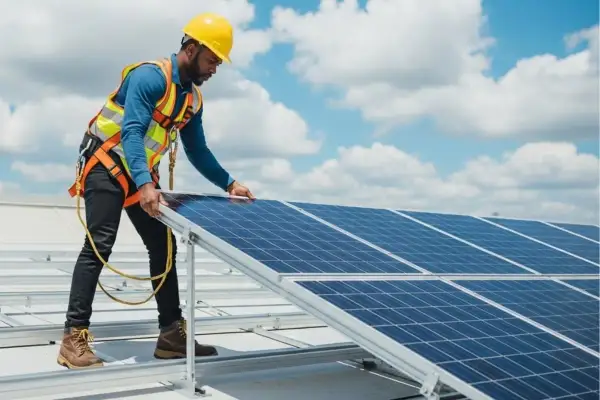 Técnico instala paneles solares, parte esencial de la memoria técnica de una instalación fotovoltaica.