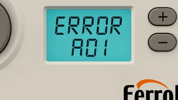 Pantalla de caldera Ferroli con error A01, indicando un problema de presión de agua.