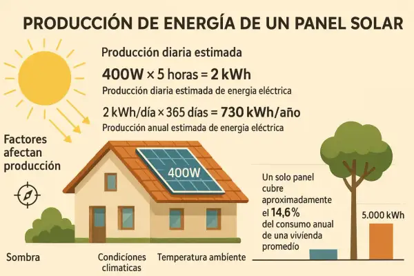Un panel solar de 400W produce 2 kWh diarios, 730 kWh anuales. Factores como sombra afectan cuanto produce una placa solar.