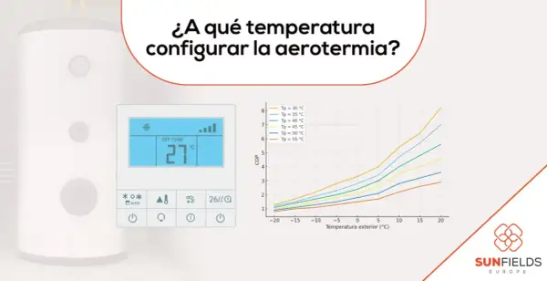 Control de aerotermia mostrando 27°C y gráfico de COP vs. temperatura exterior. Ideal para optimizar la temperatura del agua en verano.