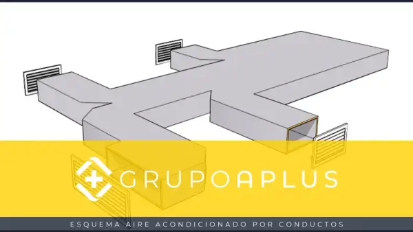 Esquema de climatización centralizada con conductos y rejillas de ventilación.