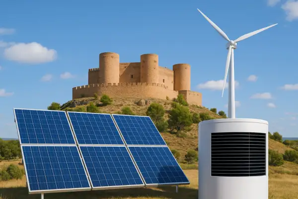 Paneles solares, aerogenerador y unidad de aerotermia ante castillo en Castilla-La Mancha. ¡Aprovecha la subvención aerotermia Castilla la Mancha!