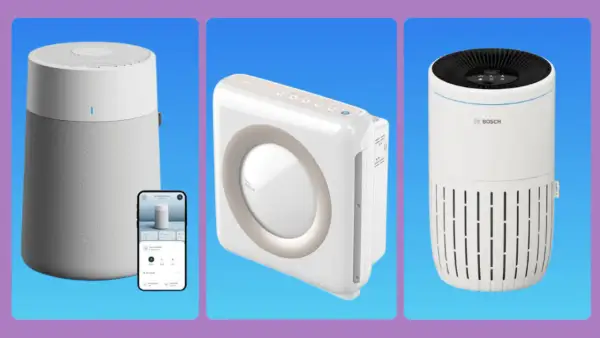 Tres purificadores de aire modernos, uno con app móvil, muestran cómo funciona un purificador de aire para un hogar saludable.