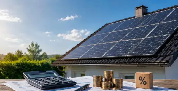 Calculadora, monedas y un dado con un signo de porcentaje junto a placas solares en un tejado. ¡Aprovecha el descuento IBI placas solares!