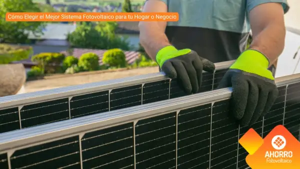 Man installing **sistemas de placas solares** en un tejado. El texto indica "Cómo Elegir el Mejor Sistema Fotovoltaico para tu Hogar o Negocio".