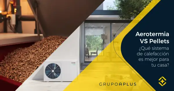 Comparativa: diferencia entre aerotermia y bomba de calor vs. pellets. Imagen muestra unidad exterior de aerotermia y pellets.