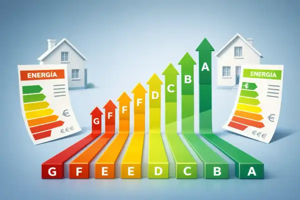 Gráfica de eficiencia energética con flechas ascendentes de G a A, representando el ahorro. El Gobierno Vasco promueve la eficiencia energética.