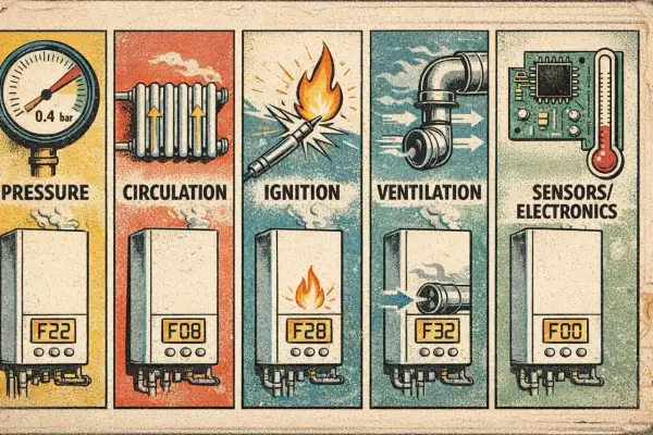 Ilustración de caldera con secciones: presión, circulación, ignición, ventilación y sensores/electrónica.