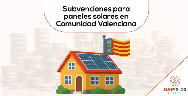 Casa con paneles solares y bandera de la Comunidad Valenciana, rodeada de pilas de monedas. ¡Infórmate sobre las ayudas autoconsumo comunidad valenciana!
