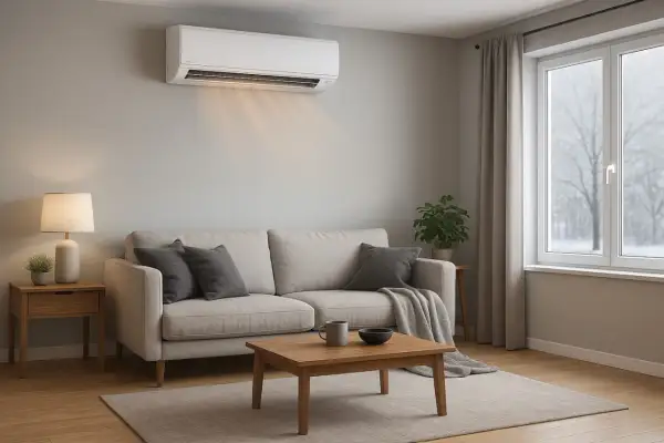 Aire acondicionado en salón moderno, ideal como mejor sistema climatización vivienda unifamiliar. Confort y diseño.
