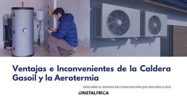 Hombre revisando tablet junto a caldera de gasoil, comparando con unidades exteriores de aerotermia. Considera cambiar caldera de gasoil.